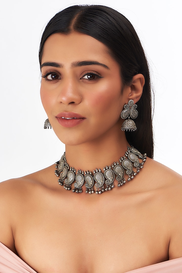 Black Rhodium Finish Oxidised Choker Necklace Set by Auraa Trends at Pernia's Pop Up Shop