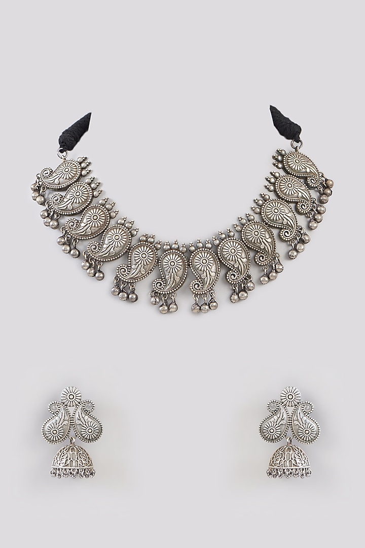 Black Rhodium Finish Oxidised Choker Necklace Set by Aura Trends at Pernia's Pop Up Shop
