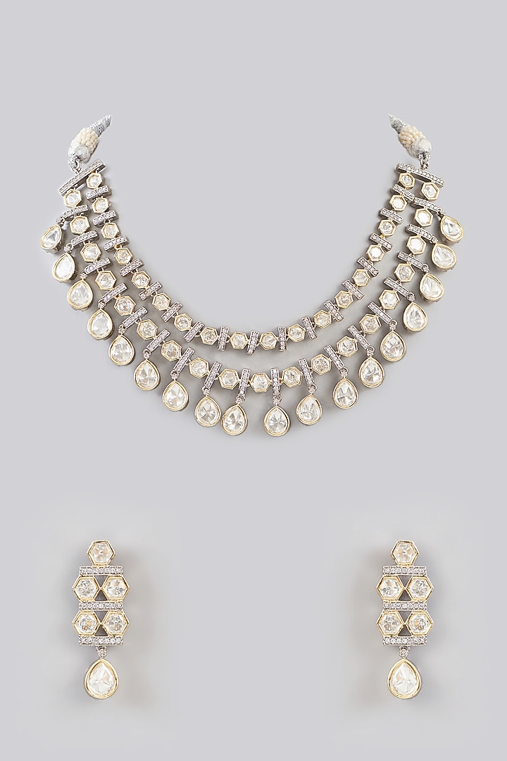 White Gold Finish Kundan Polki Necklace Set by Aura Trends at Pernia's Pop Up Shop