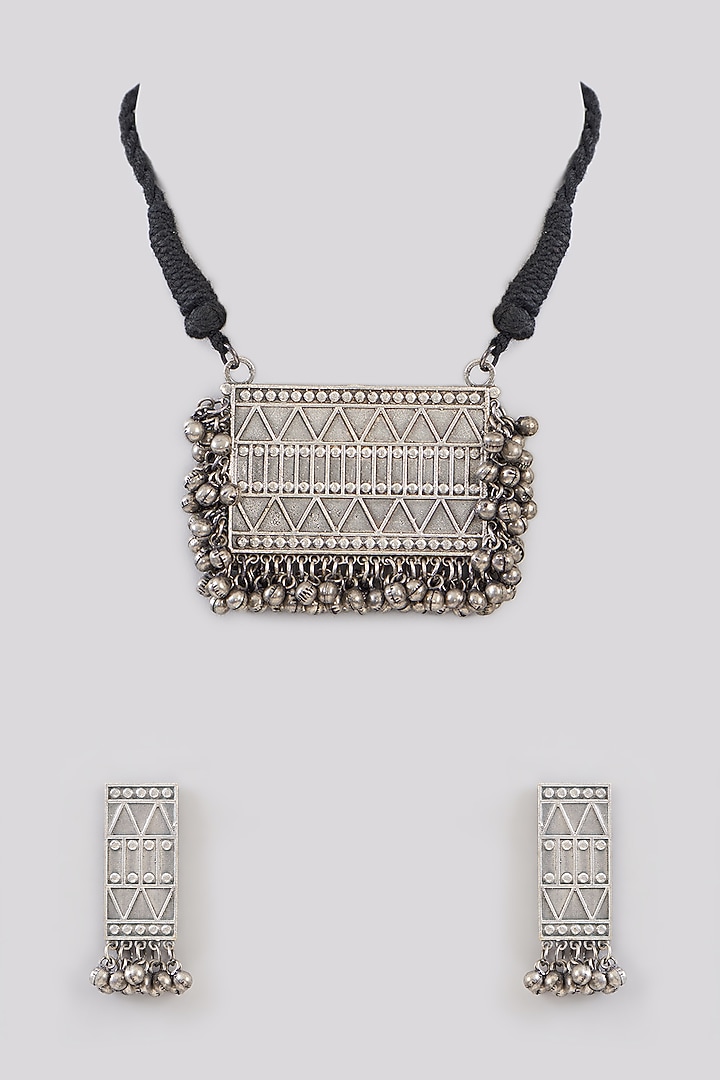 Black Rhodium Finish Oxidised Long Necklace Set by Aura Trends at Pernia's Pop Up Shop