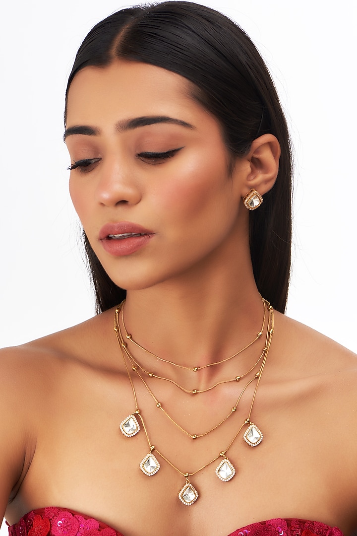 Gold Finish Kundan Polki & Pearl Layered Chain Necklace Set by Aura Trends at Pernia's Pop Up Shop