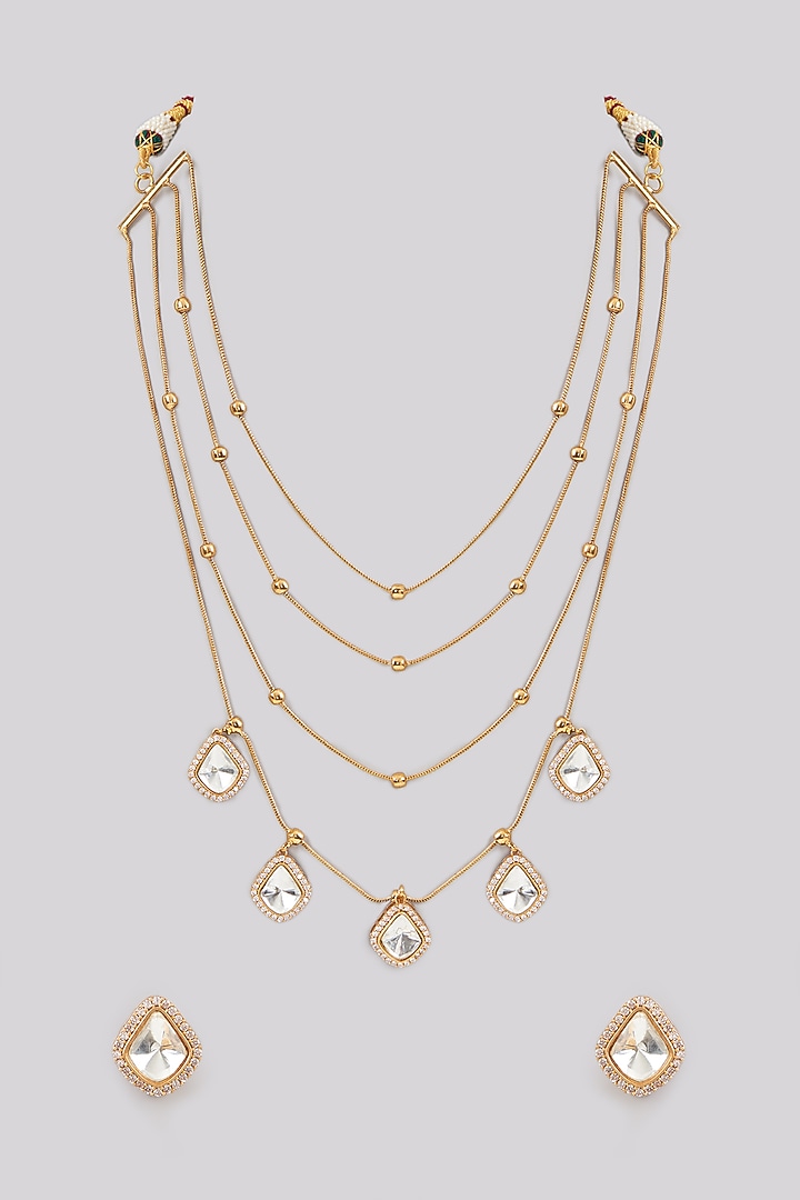 Gold Finish Kundan Polki & Pearl Layered Chain Necklace Set by Aura Trends at Pernia's Pop Up Shop