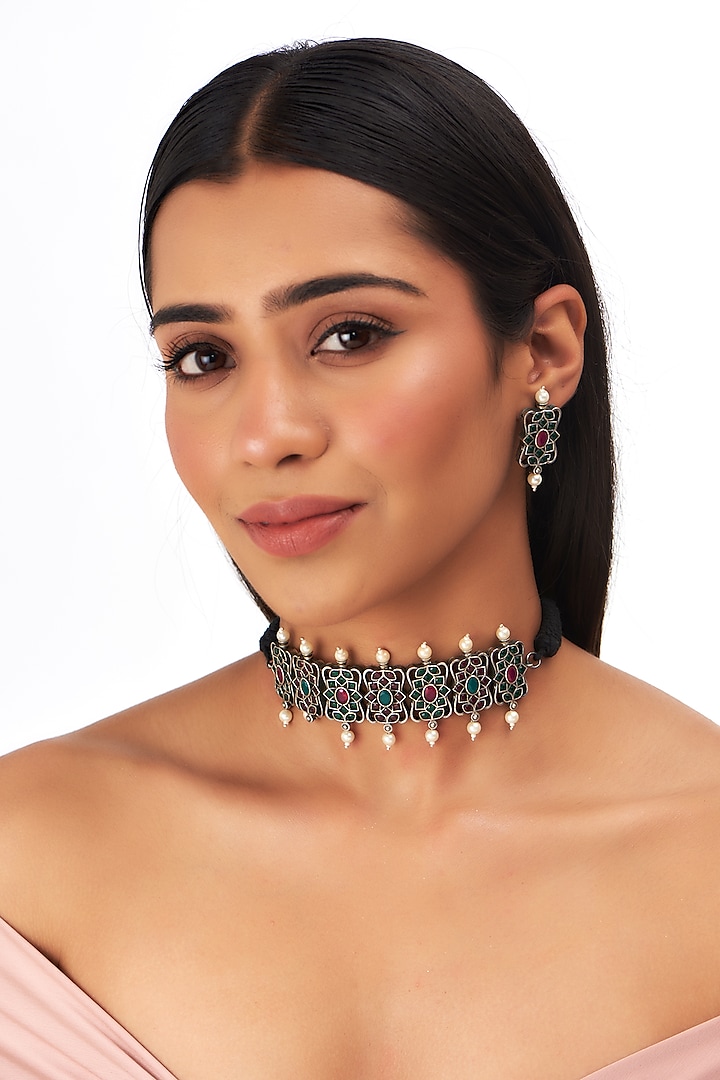 Black Rhodium Finish Oxidised Choker Necklace Set by Auraa Trends