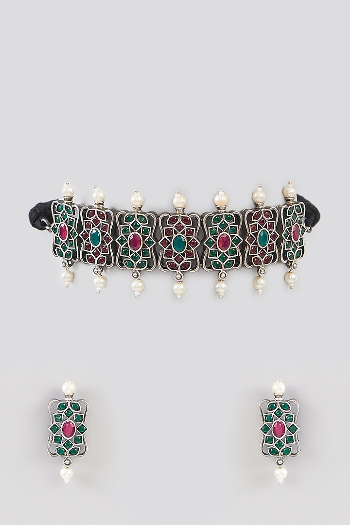 Black Rhodium Finish Oxidised Choker Necklace Set by Aura Trends at Pernia's Pop Up Shop