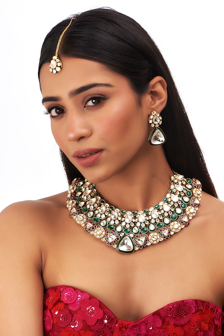 Gold Finish Green Kundan Polki & Beaded Necklace Set by Auraa Trends at Pernia's Pop Up Shop