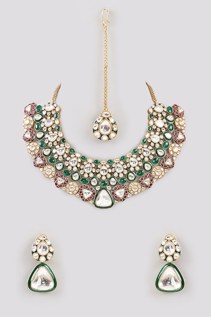 Gold Finish Green Kundan Polki & Beaded Necklace Set by Aura Trends at Pernia's Pop Up Shop