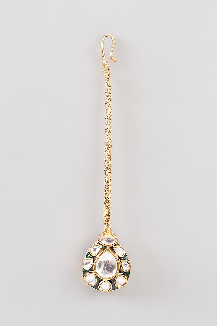 Gold Finish Green Kundan Polki & Beaded Necklace Set by Aura Trends at Pernia's Pop Up Shop