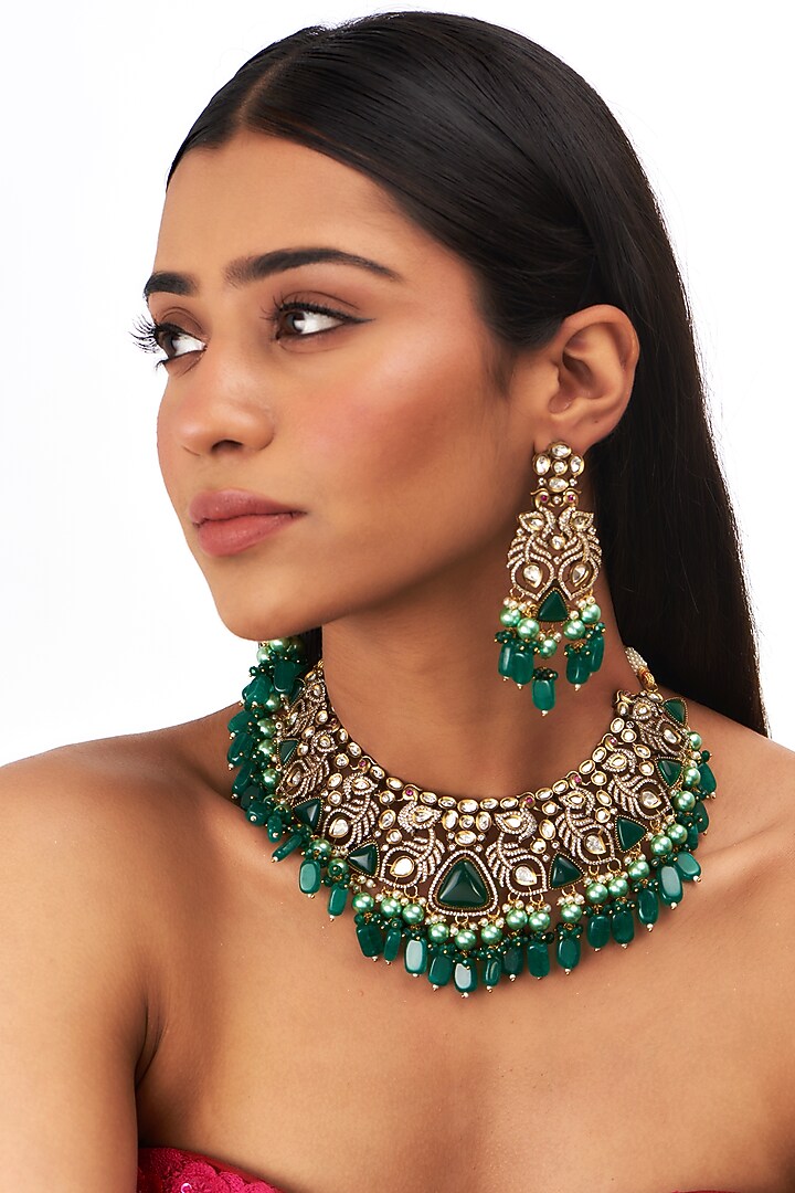 Gold Finish Green Kundan Polki & Pearl Necklace Set by Aura Trends at Pernia's Pop Up Shop