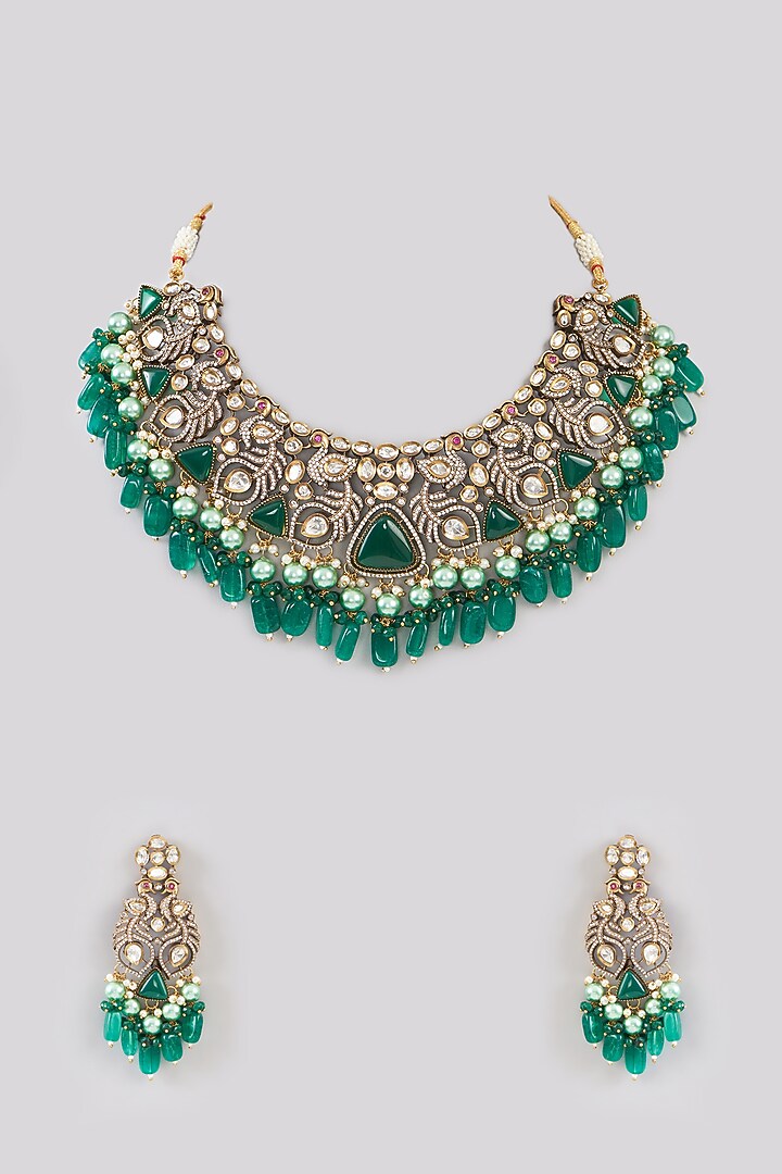 Gold Finish Green Kundan Polki & Pearl Necklace Set by Aura Trends at Pernia's Pop Up Shop