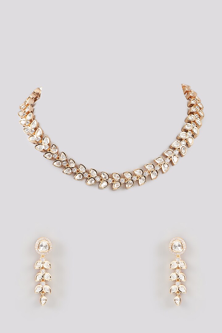 Gold Finish Kundan Polki Necklace Set by Aura Trends at Pernia's Pop Up Shop