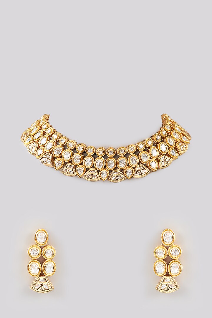 Gold Finish Kundan Polki Necklace Set by Aura Trends at Pernia's Pop Up Shop