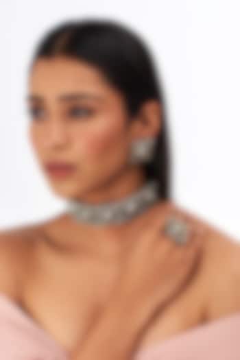 Black Rhodium Finish Grey Stone Choker Necklace Set by Auraa Trends