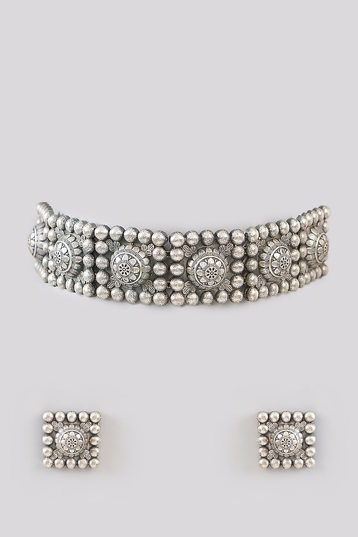 Black Rhodium Finish Grey Stone Choker Necklace Set by Aura Trends at Pernia's Pop Up Shop