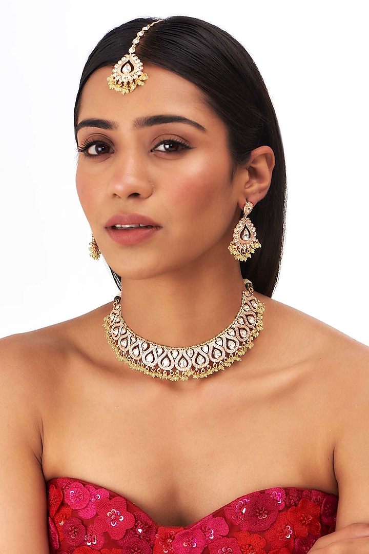 Gold Finish Kundan Polki Necklace Set by Auraa Trends