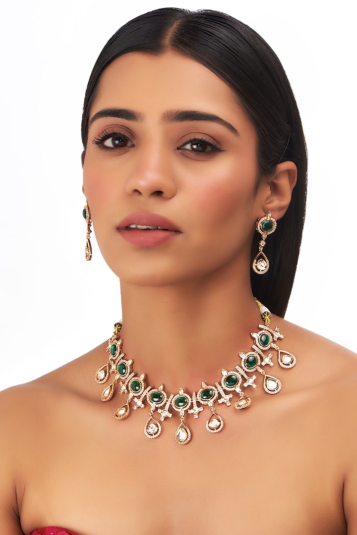 White Finish Green Zircon Necklace Set by Aura Trends at Pernia's Pop Up Shop