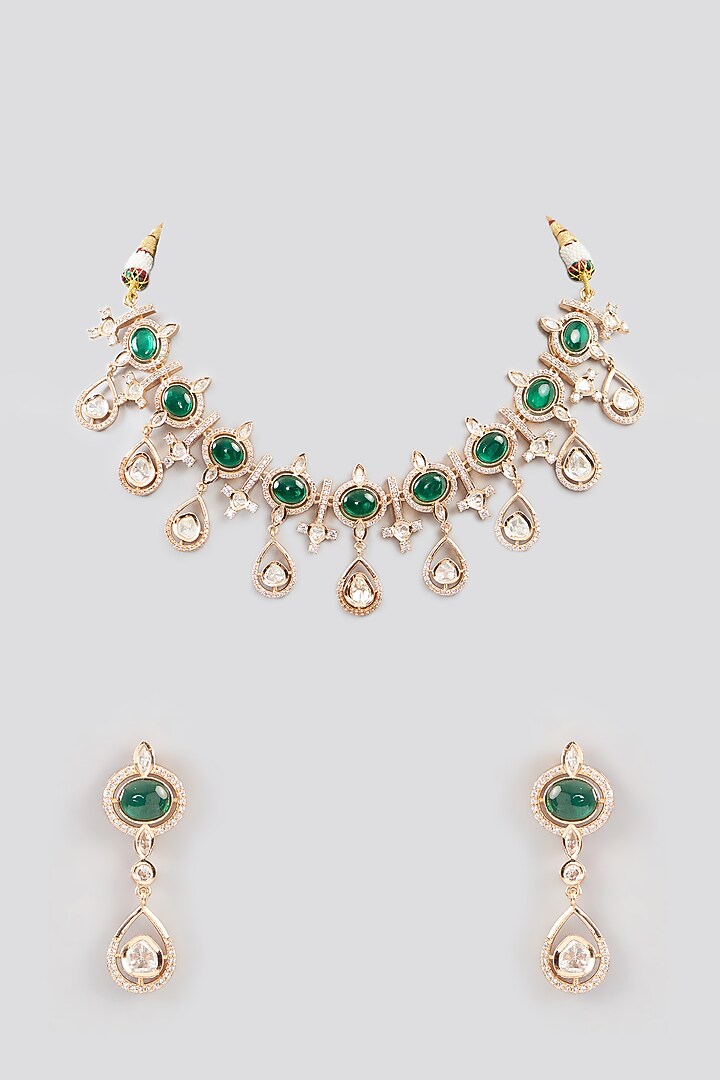 White Finish Green Zircon Necklace Set by Aura Trends at Pernia's Pop Up Shop