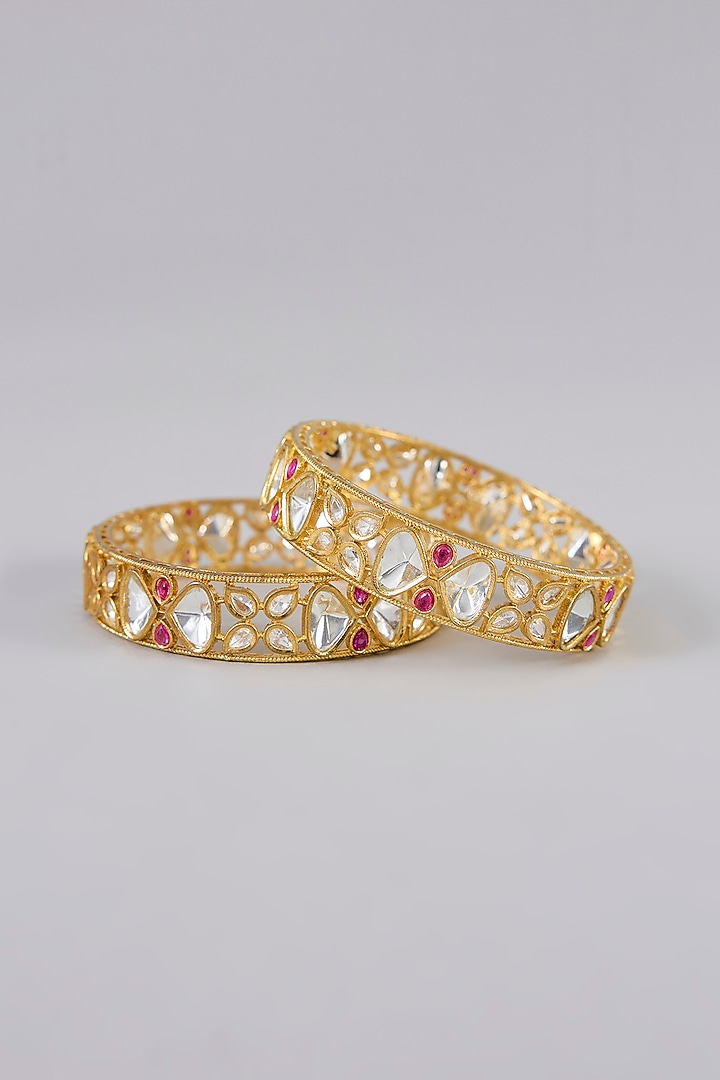 Gold Finish Kundan Polki & Pearl Bangles (Set Of 2) by Aura Trends at Pernia's Pop Up Shop