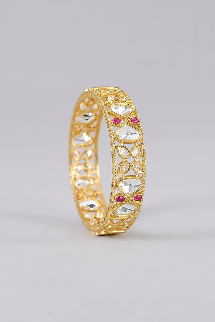 Gold Finish Kundan Polki & Pearl Bangles (Set Of 2) by Aura Trends at Pernia's Pop Up Shop