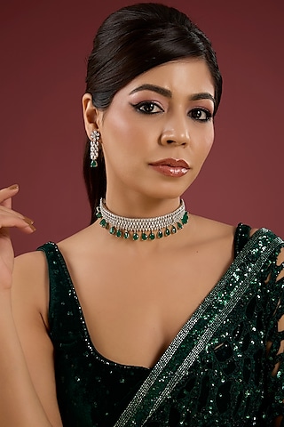 White Finish Pearl & Emerald Stone Choker Necklace Set by Aura Trends