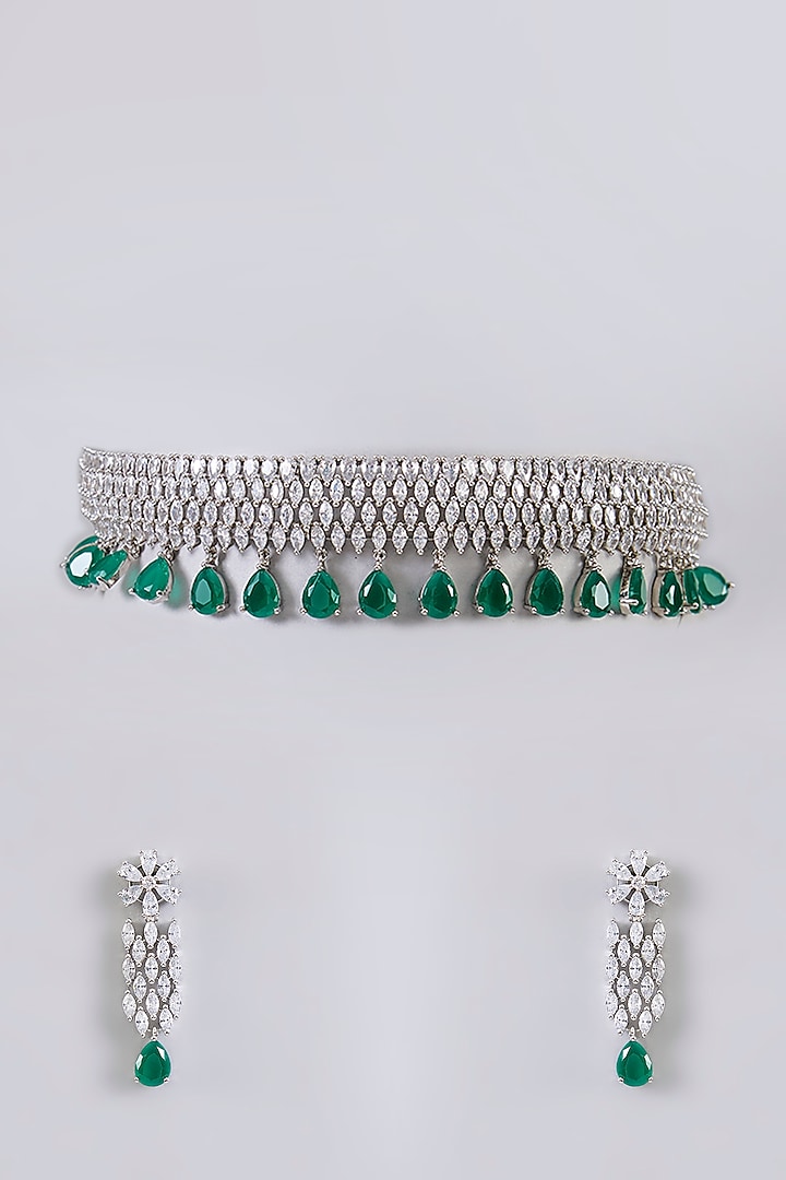 White Finish Pearl & Emerald Stone Choker Necklace Set by Aura Trends at Pernia's Pop Up Shop