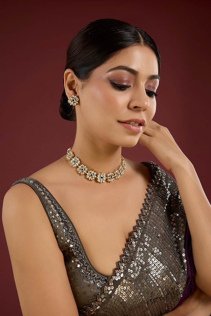 Gold Finish Ruby Stone Floral Choker Necklace Set by Auraa Trends at Pernia's Pop Up Shop