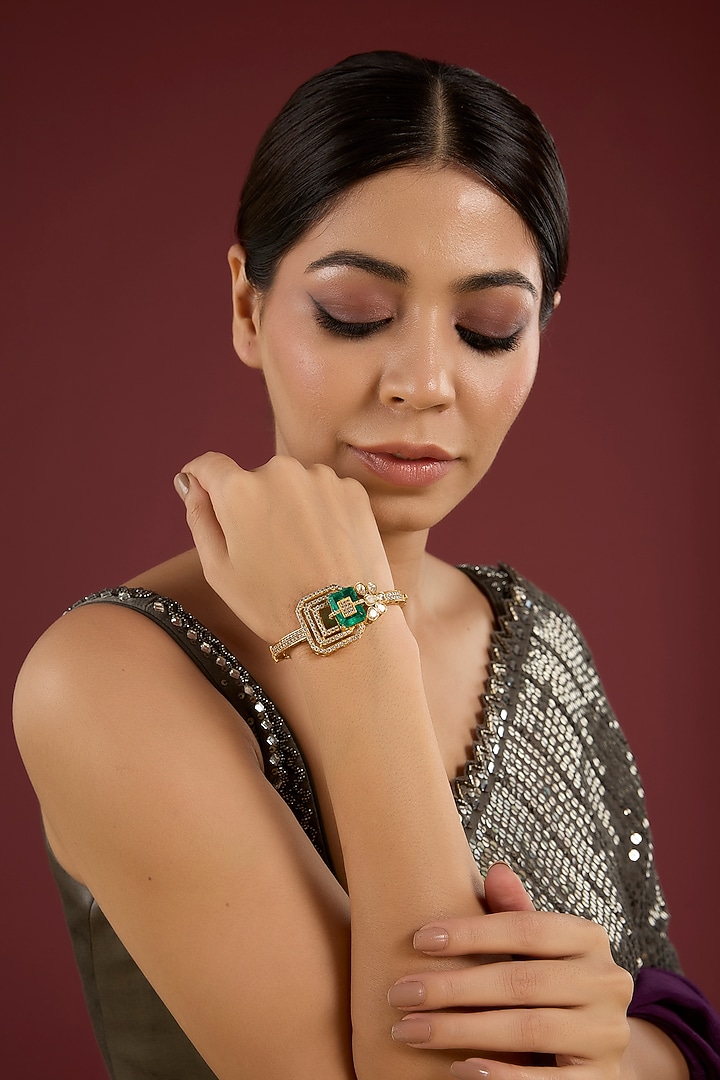 Gold Finish Kundan Polki & Emerald Stone Bracelet by Auraa Trends at Pernia's Pop Up Shop