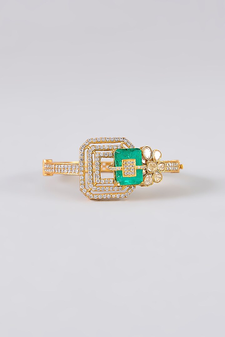 Gold Finish Kundan Polki & Emerald Stone Bracelet by Aura Trends at Pernia's Pop Up Shop