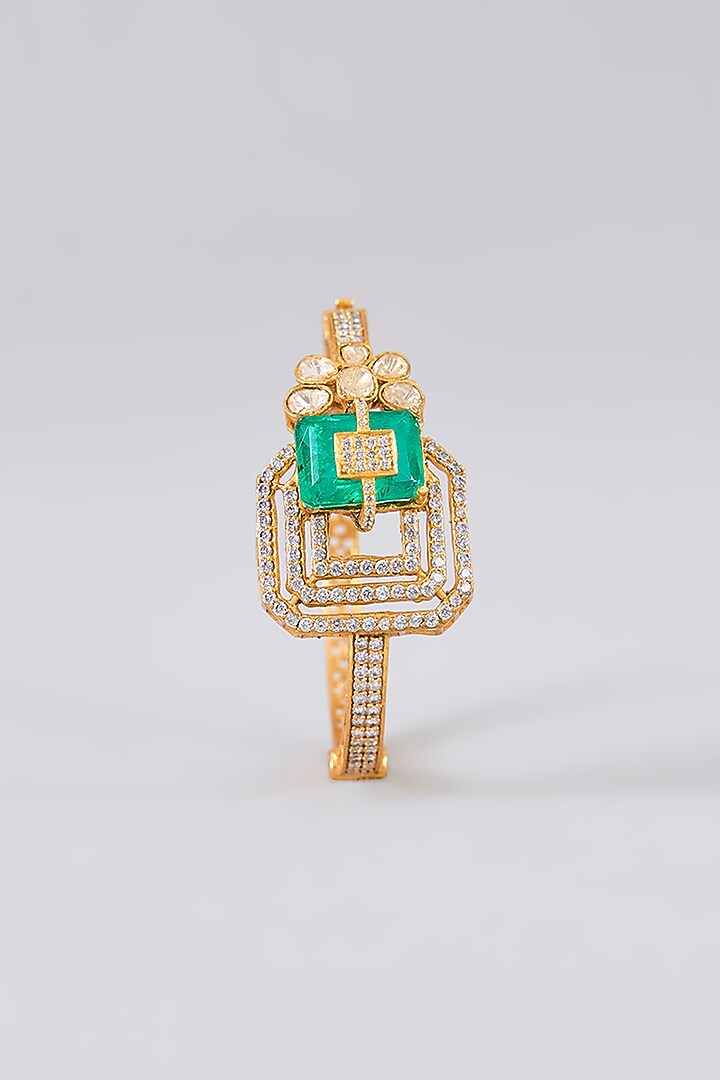 Gold Finish Kundan Polki & Emerald Stone Bracelet by Aura Trends at Pernia's Pop Up Shop