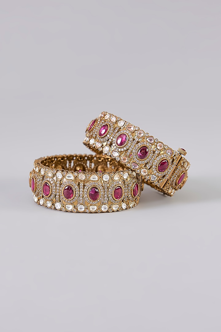 Gold Finish Kundan Polki & Ruby Stone Bangles (Set Of 2) by Aura Trends at Pernia's Pop Up Shop