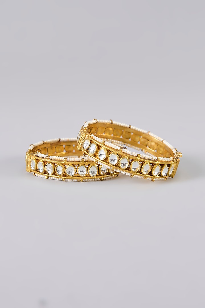 Gold Finish Kundan Polki Bangles (Set Of 2) by Aura Trends at Pernia's Pop Up Shop