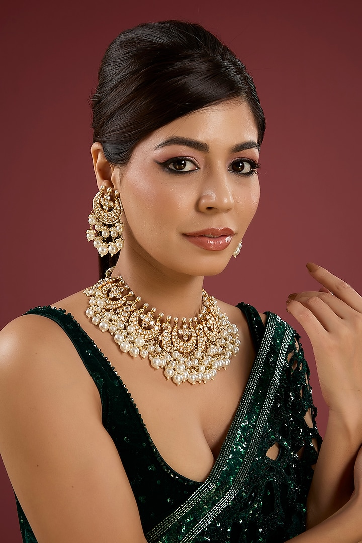 Gold Finish Pearl Drop & White Stone Choker Necklace Set by Aura Trends at Pernia's Pop Up Shop
