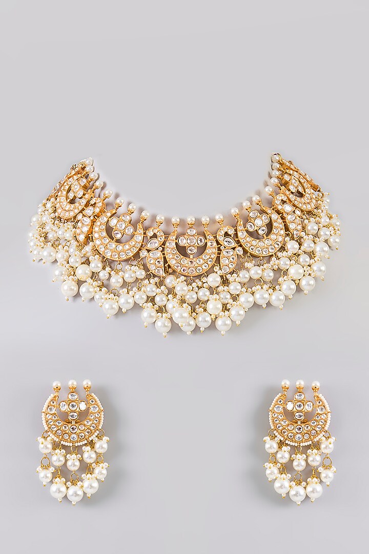 Gold Finish Pearl Drop & White Stone Choker Necklace Set by Aura Trends at Pernia's Pop Up Shop