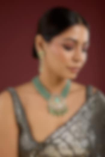 Gold Finish Green Beaded Long Necklace Set by Auraa Trends at Pernia's Pop Up Shop