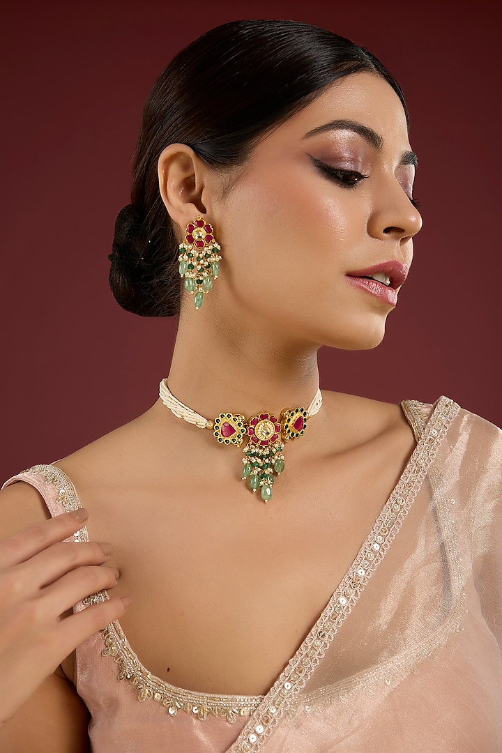 Gold Finish Ruby & Emerald Stone Necklace Set by Auraa Trends at Pernia's Pop Up Shop