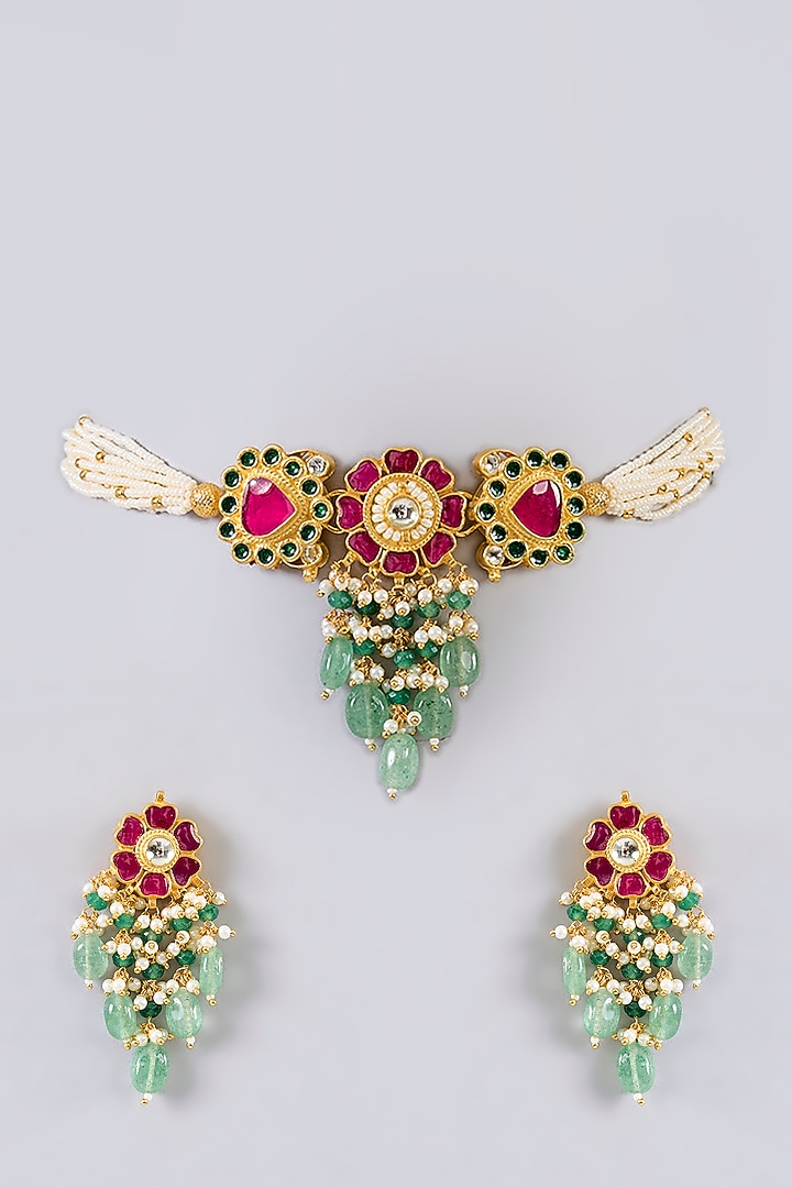 Gold Finish Ruby & Emerald Stone Necklace Set by Aura Trends at Pernia's Pop Up Shop