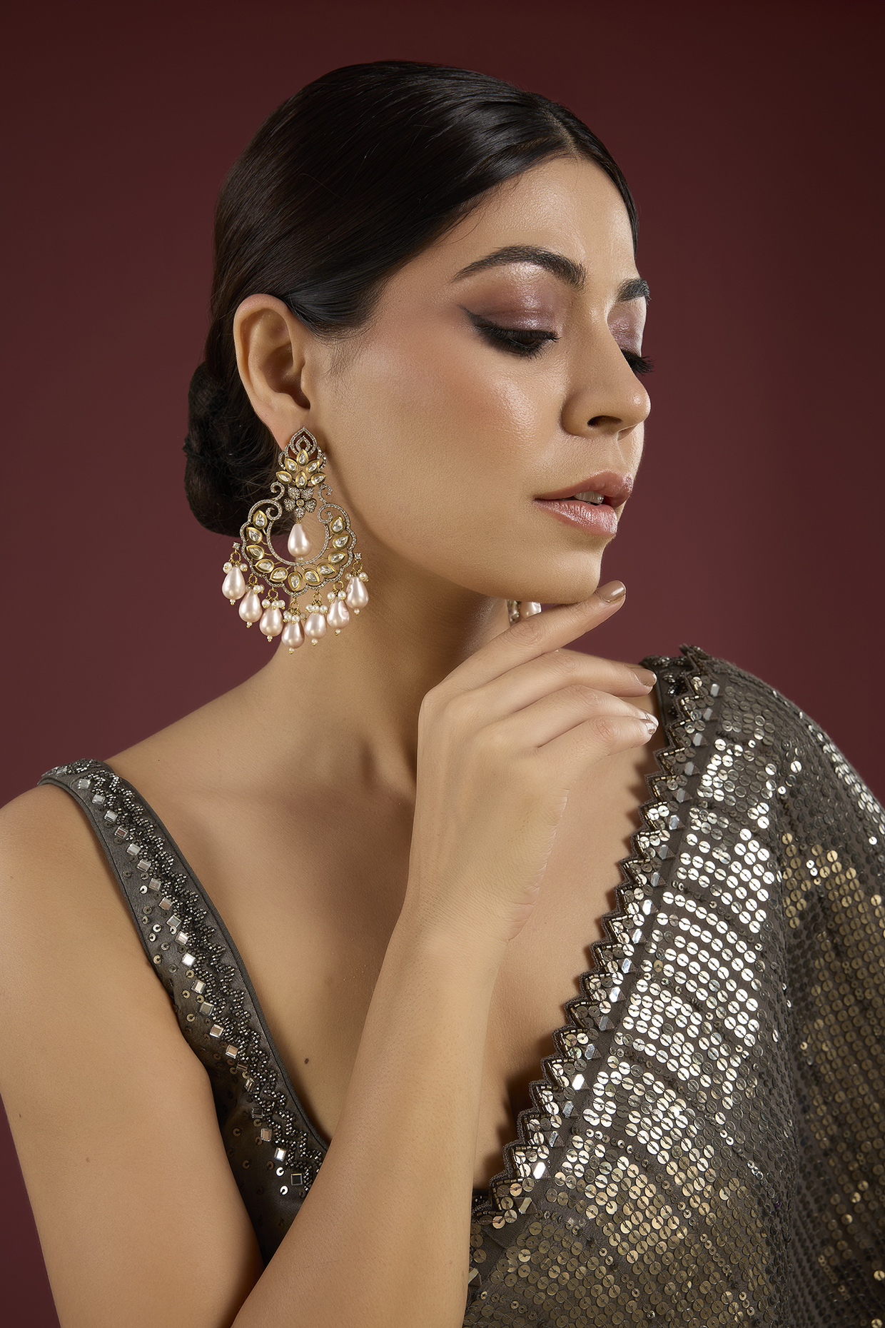 Gold Finish Kundan Polki & Pink Pearl Drop Chandbali Earrings by Auraa Trends at Pernia's Pop Up Shop