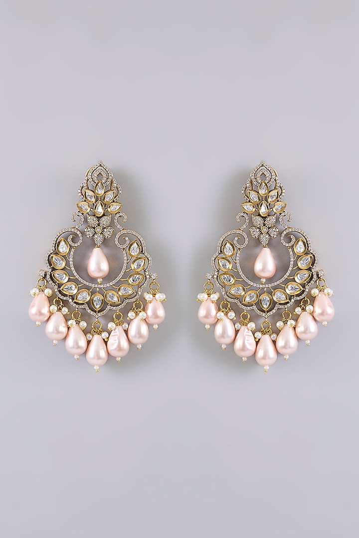 Gold Finish Kundan Polki & Pink Pearl Drop Chandbali Earrings by Aura Trends at Pernia's Pop Up Shop