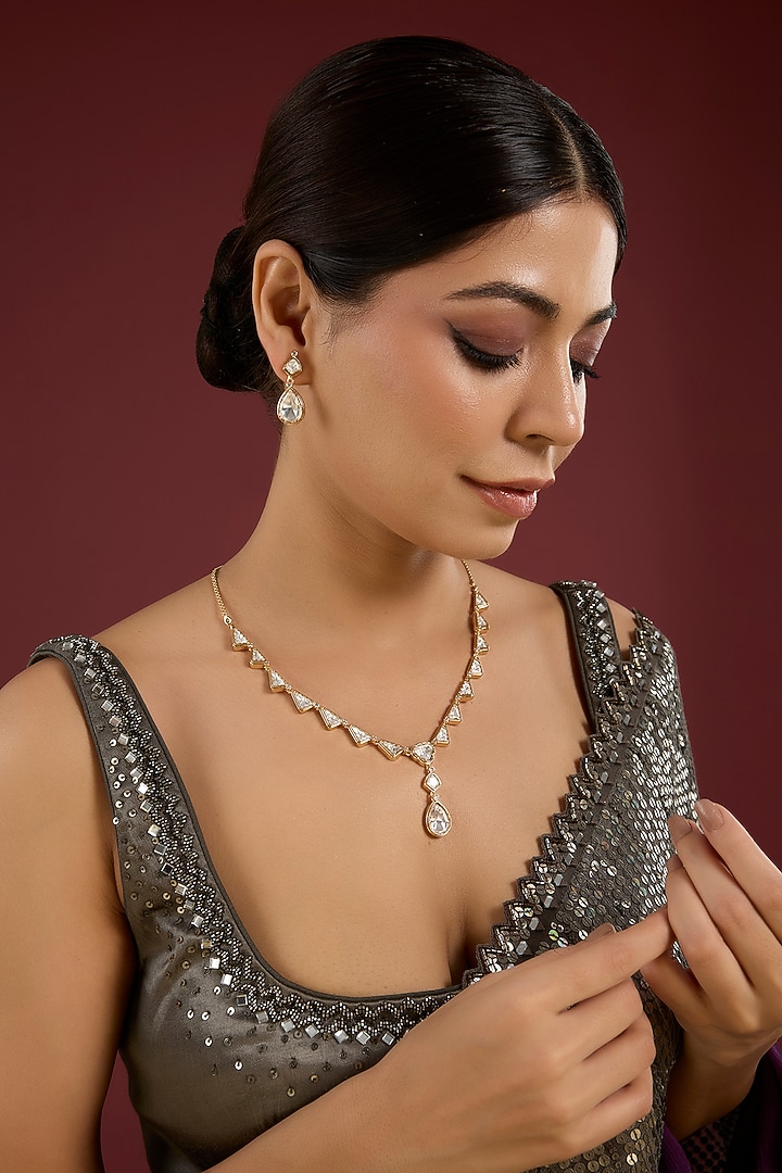 Gold Finish Zircon Teardrop Shaped Pendant Necklace Set by Aura Trends at Pernia's Pop Up Shop
