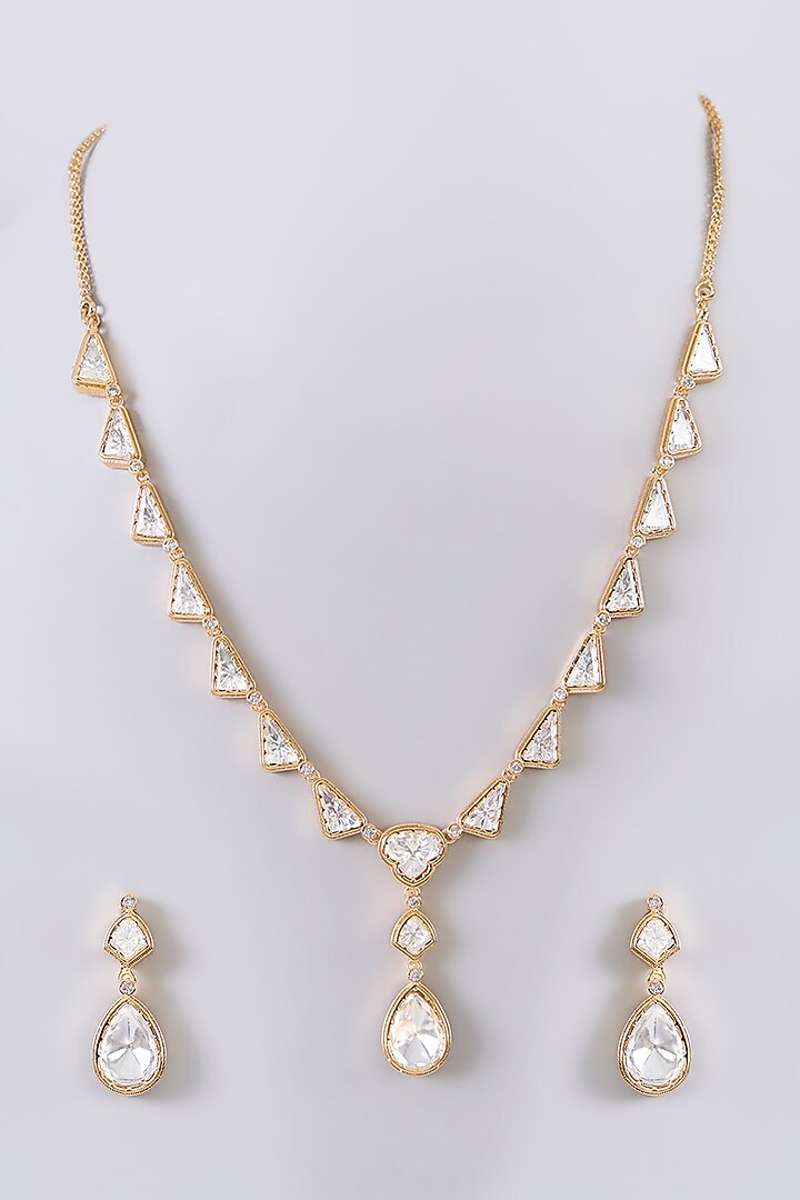 Gold Finish Zircon Teardrop Shaped Pendant Necklace Set by Aura Trends at Pernia's Pop Up Shop