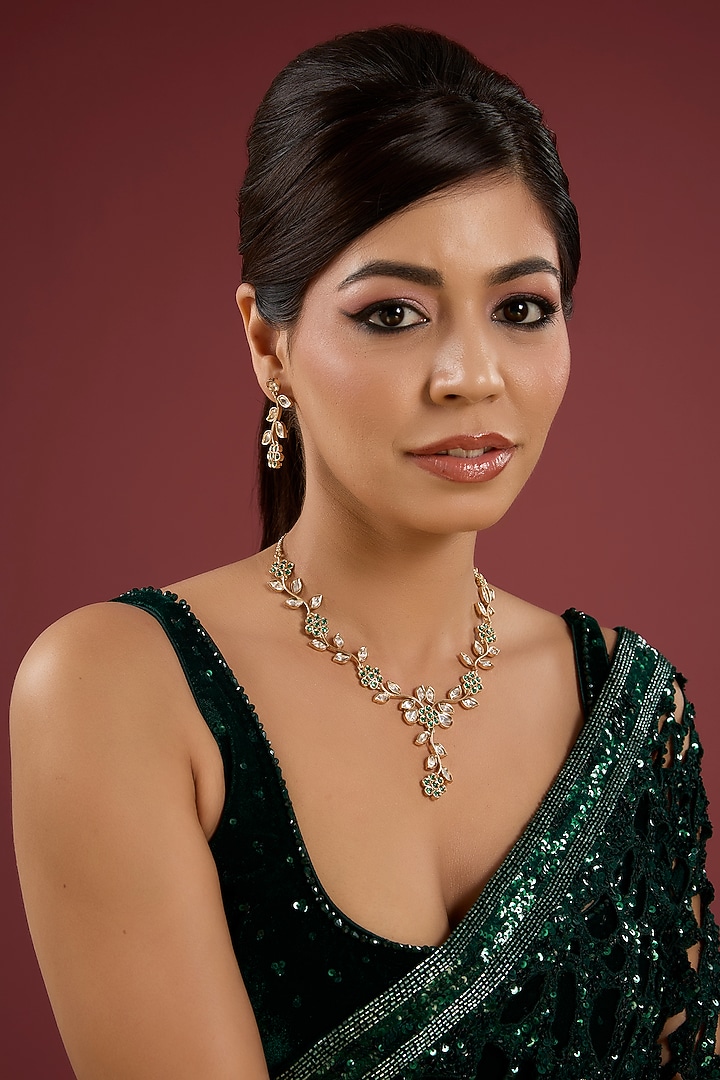 Gold Finish Green & White Stone Floral Necklace Set by Auraa Trends at Pernia's Pop Up Shop