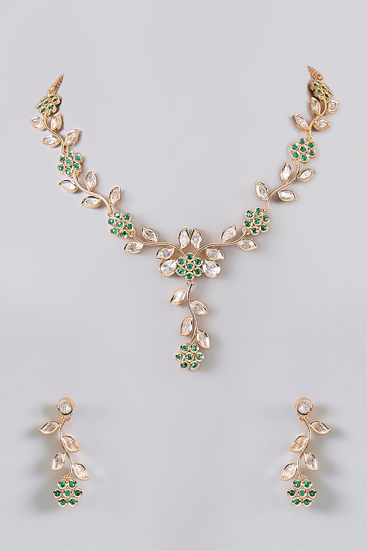 Gold Finish Green & White Stone Floral Necklace Set by Aura Trends at Pernia's Pop Up Shop