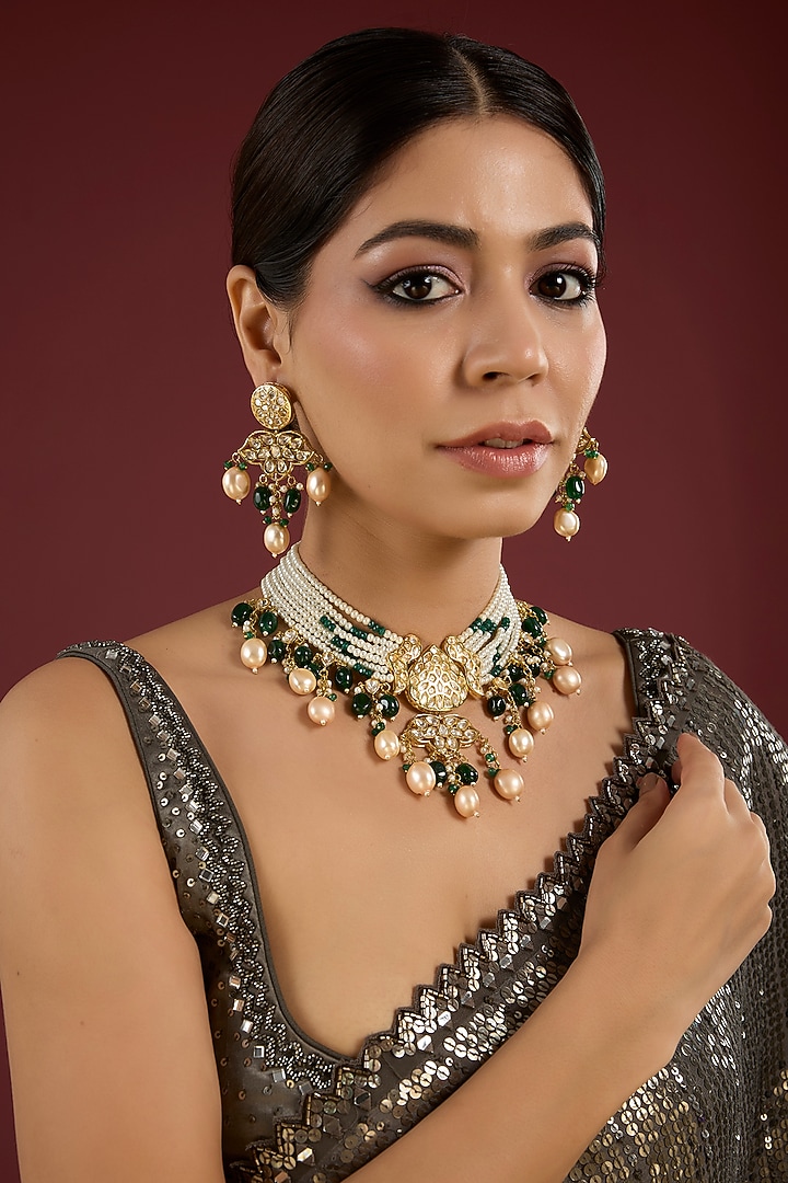 Gold Finish Pearl & Emerald Green Beaded Choker Necklace Set by Aura Trends at Pernia's Pop Up Shop