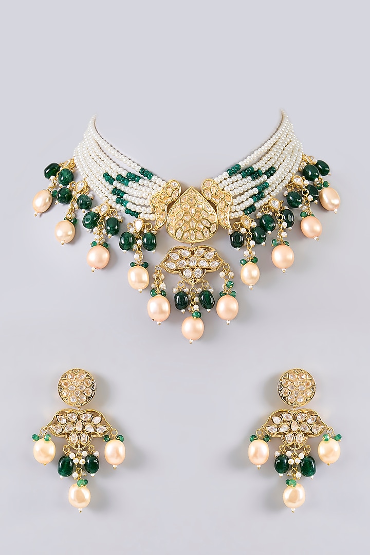 Gold Finish Pearl & Emerald Green Beaded Choker Necklace Set by Aura Trends at Pernia's Pop Up Shop