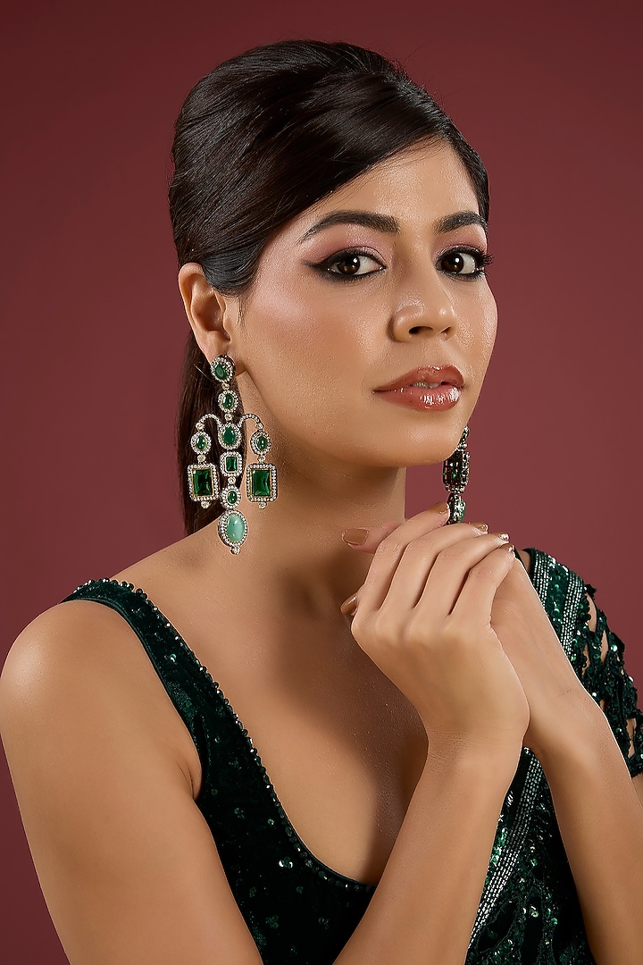 White Finish Diamond & Emerald Gemstone Chandelier Earrings by Auraa Trends at Pernia's Pop Up Shop