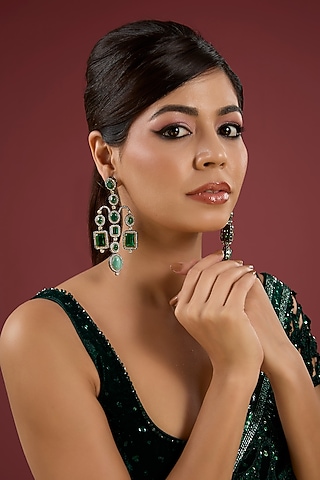 White Finish Diamond & Emerald Gemstone Chandelier Earrings by Aura Trends
