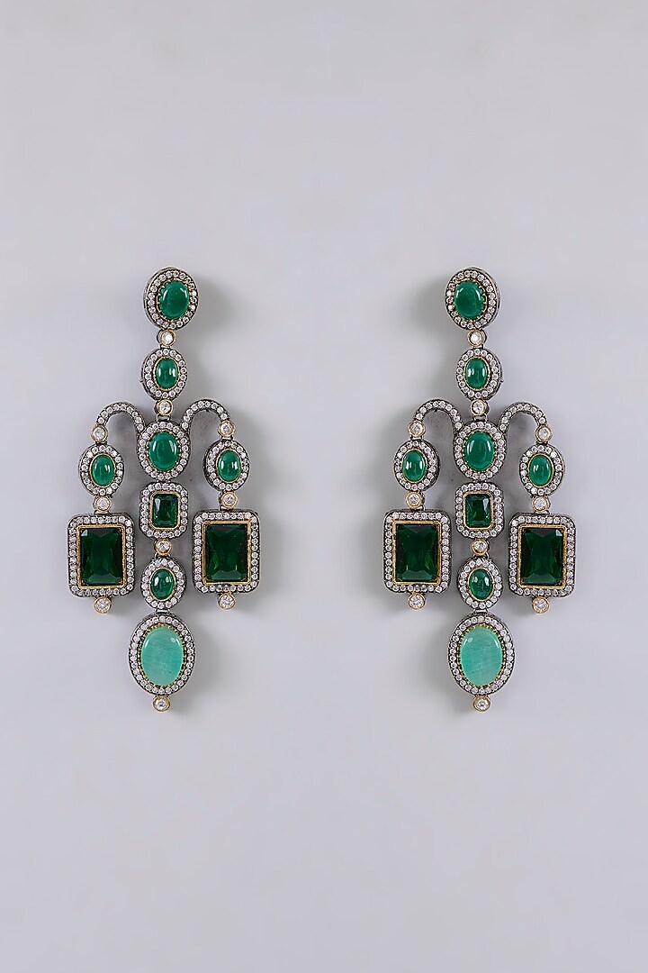 White Finish Diamond & Emerald Gemstone Chandelier Earrings by Aura Trends at Pernia's Pop Up Shop