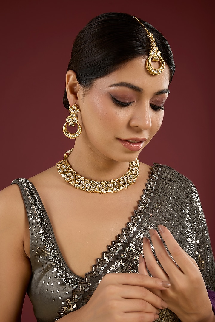 Gold Finish Kundan Polki & Ruby Stone Choker Necklace Set by Auraa Trends at Pernia's Pop Up Shop