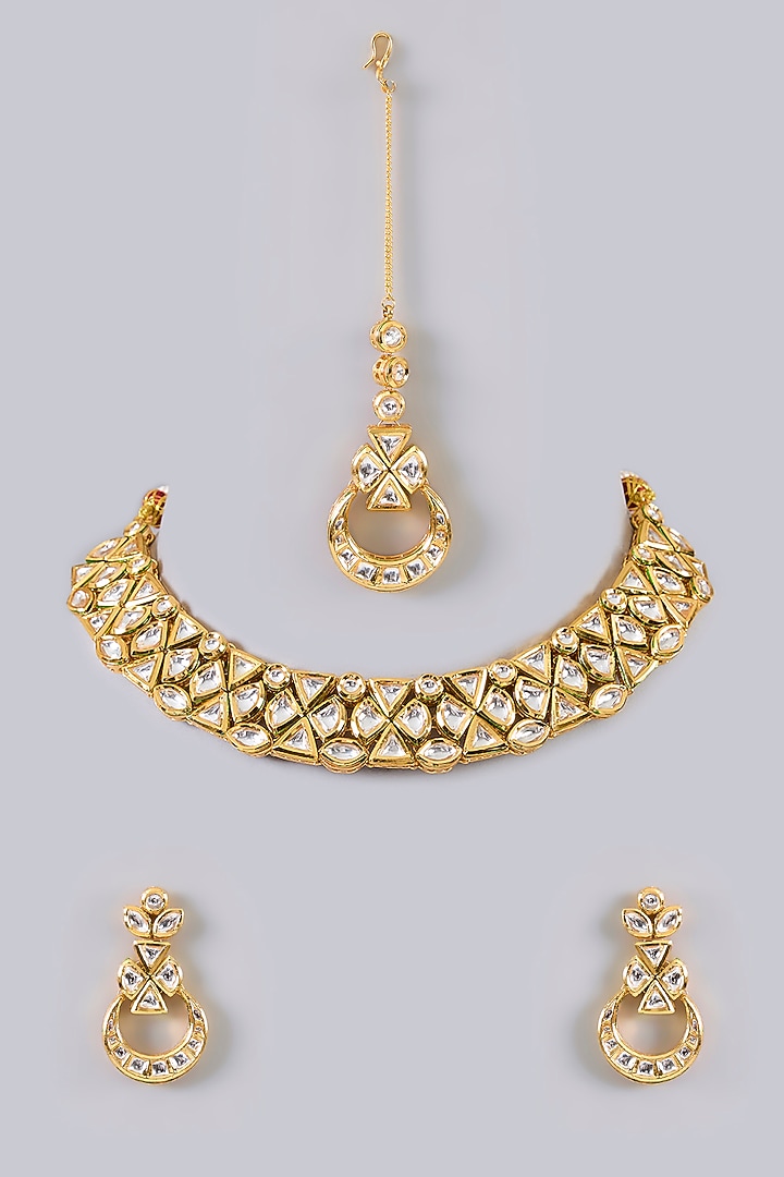 Gold Finish Kundan Polki & Ruby Stone Choker Necklace Set by Aura Trends at Pernia's Pop Up Shop