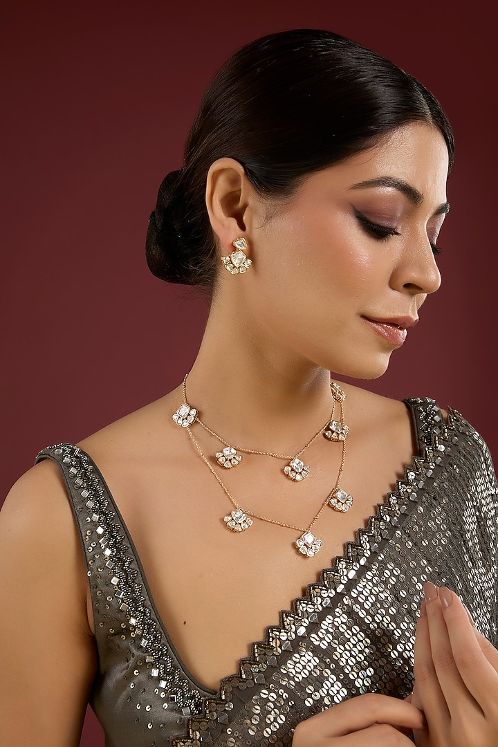 White Finish Kundan Polki & Pearl Layered Necklace Set by Aura Trends at Pernia's Pop Up Shop