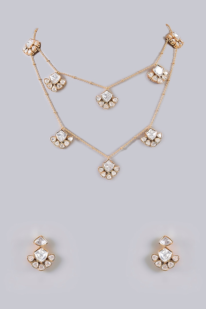 White Finish Kundan Polki & Pearl Layered Necklace Set by Aura Trends at Pernia's Pop Up Shop